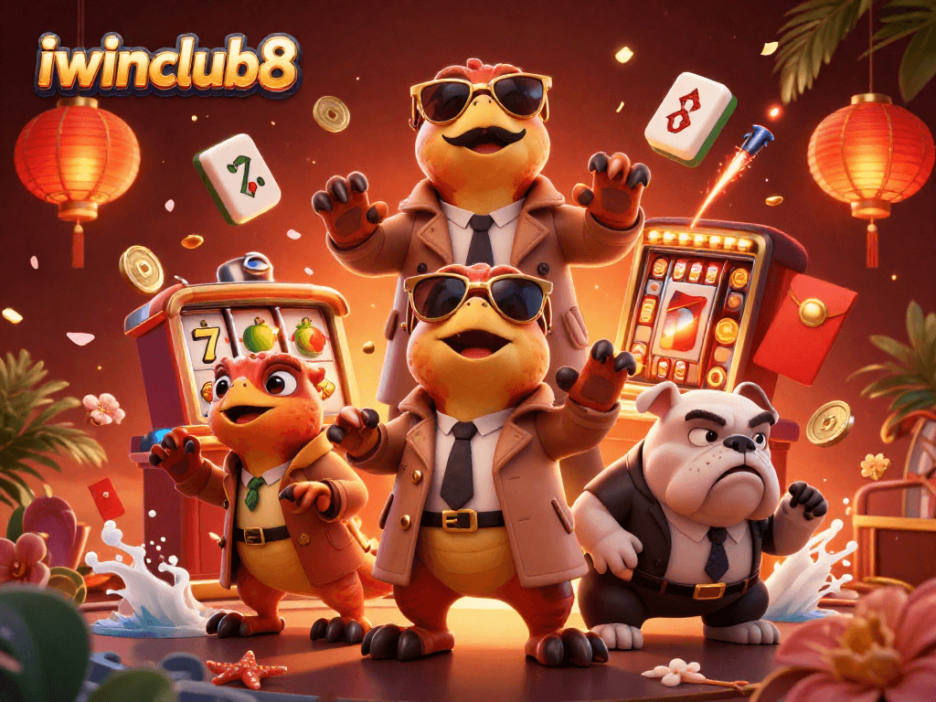 Engage with iwinclub8's unique casino experience alongside three cartoon raptors in a trench coat.
