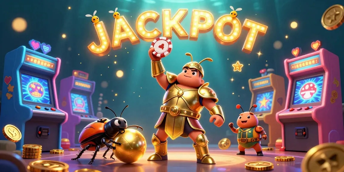 Play casino games at KUWIN with a 3D cartoon beetle lifting a poker chip and a jackpot display.