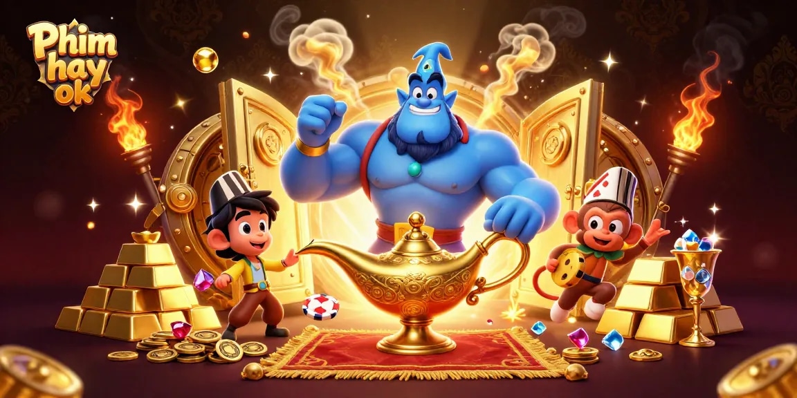 Experience Phim hay ok as a thrilling cartoon scene showcasing a Genie, monkey, and poker chips.