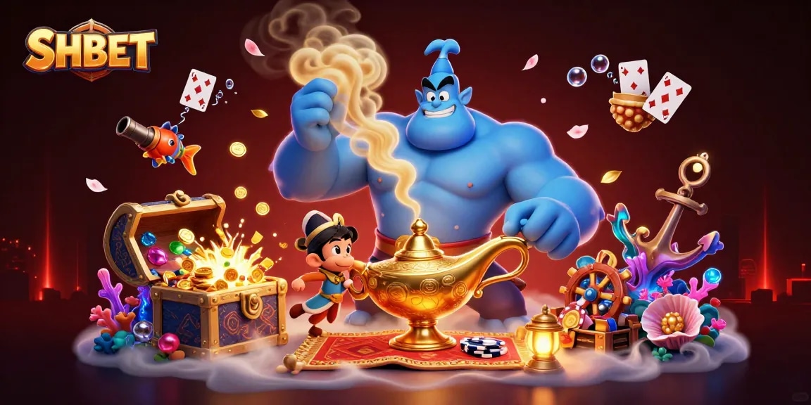 Experience thrilling wins at SHBET with an enchanting 3D scene of a genie, poker chips, and treasures.