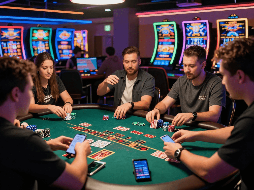 Players enjoying an exciting game of blackjack at an online casino featuring vin88 branding and vibrant digital elements.