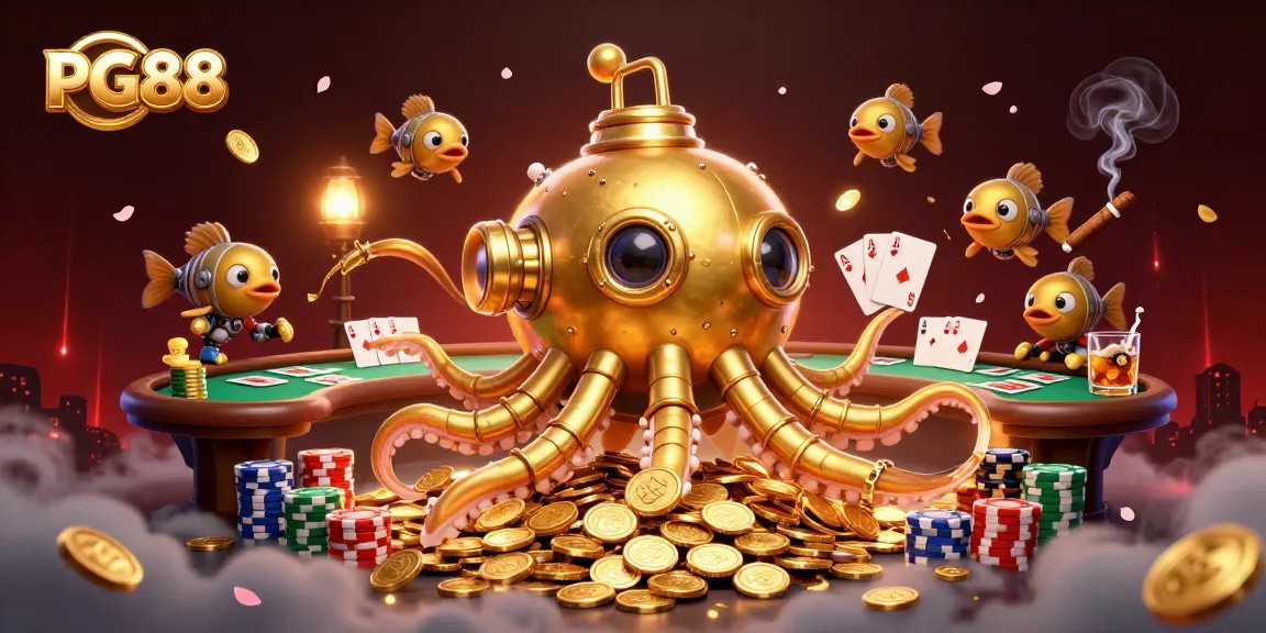 Experience thrilling gameplay at PG88 with a golden kraken submarine amidst casino elements.