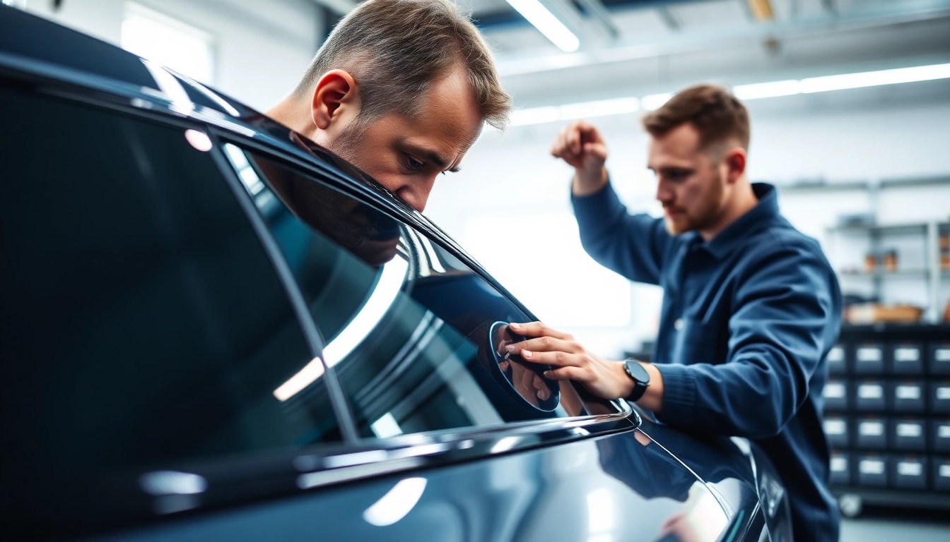 Enhance your vehicle's appearance with expert window tint near me by a professional technician in a modern setting.