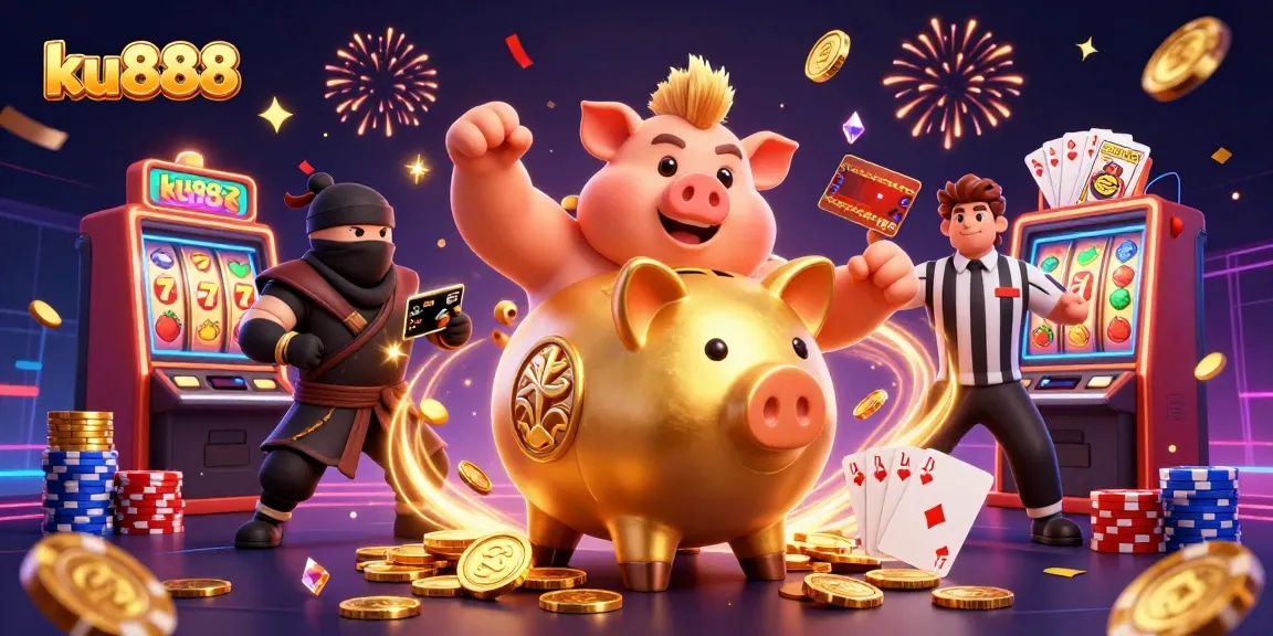 Experience the thrill of ku888 with dynamic golden piggy bank wrestler and vibrant casino elements.