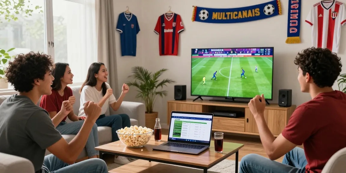 Excited friends watching football live on Multicanais in a cozy living room with HD quality streaming.
