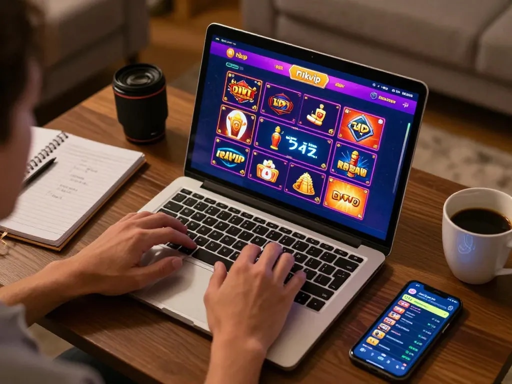 Playing engaging games on rikvip online casino interface during a cozy home gaming session.