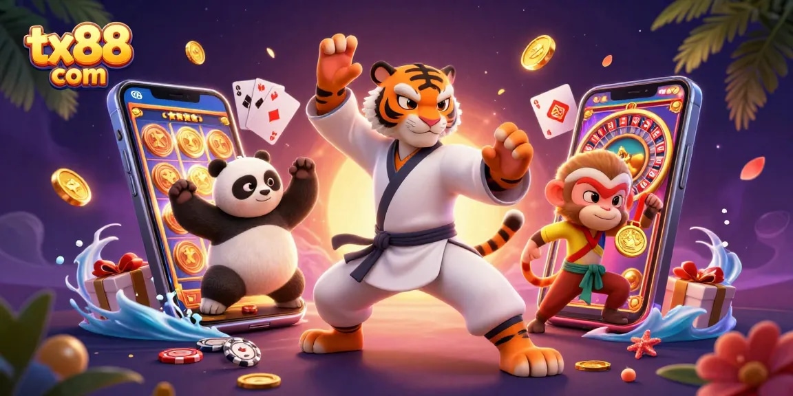 Experience the action with tx88 com in this vibrant 3D casino illustration featuring playful characters.