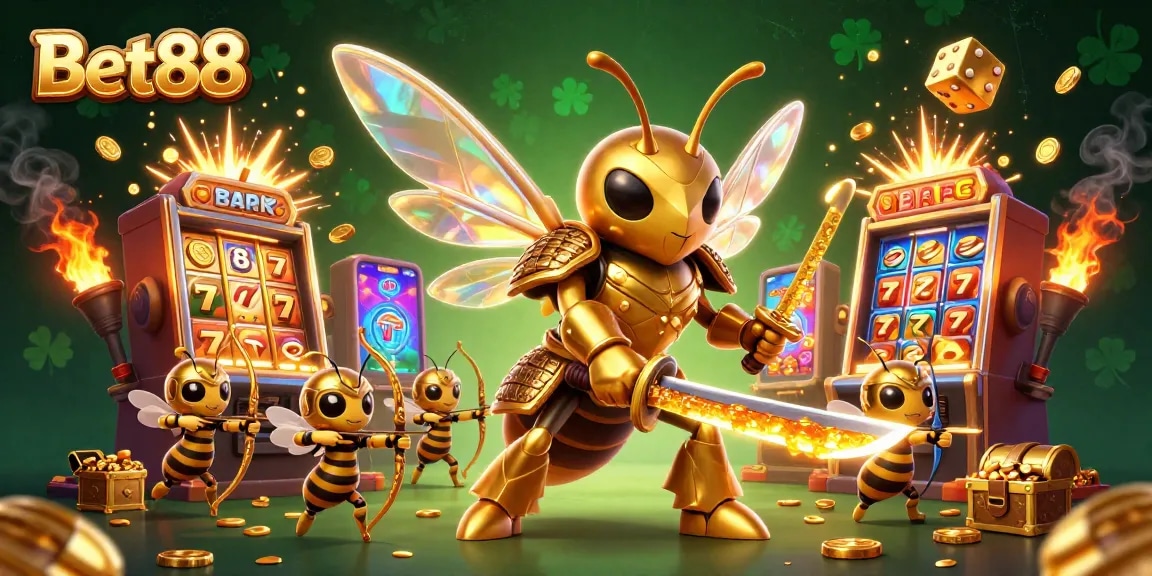 Experience Bet88's unique gaming scenery with a golden hornet and bee archers in a dynamic casino environment.