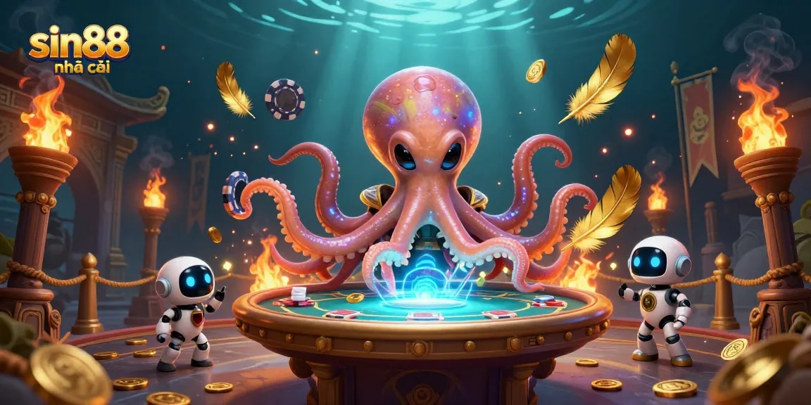 Engage in thrilling play at sin88 nhà cái with a vibrant illustration of a cosmic poker scene featuring an alien octopus.