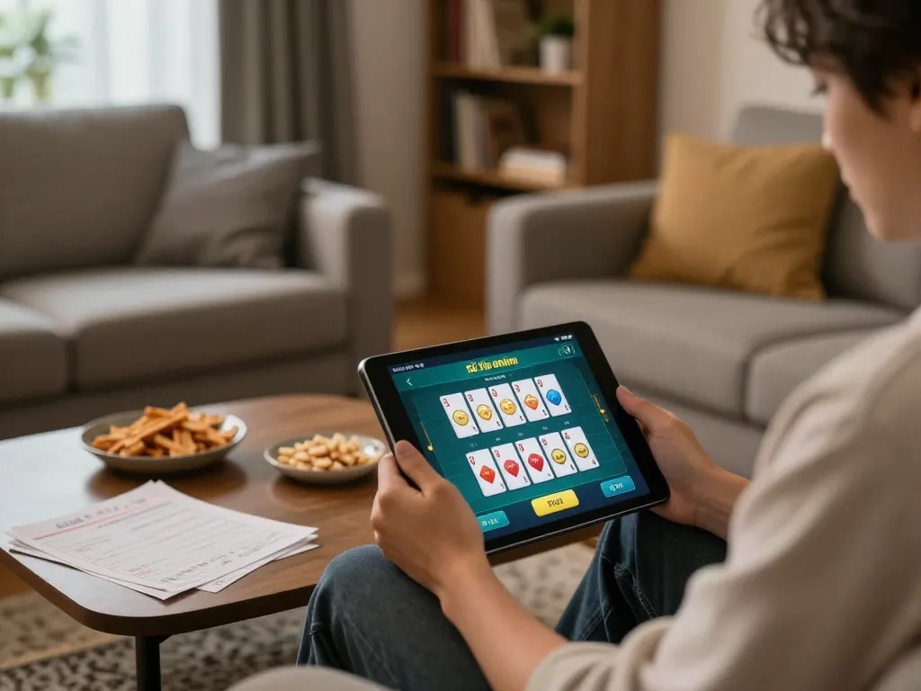 Engaging with the app tài xỉu online in a cozy home environment, showcasing an interactive gaming session with strategic notes.
