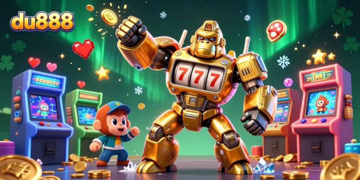 Join the excitement at du888 with a vibrant casino-themed 3D illustration featuring a golden gorilla mech!
