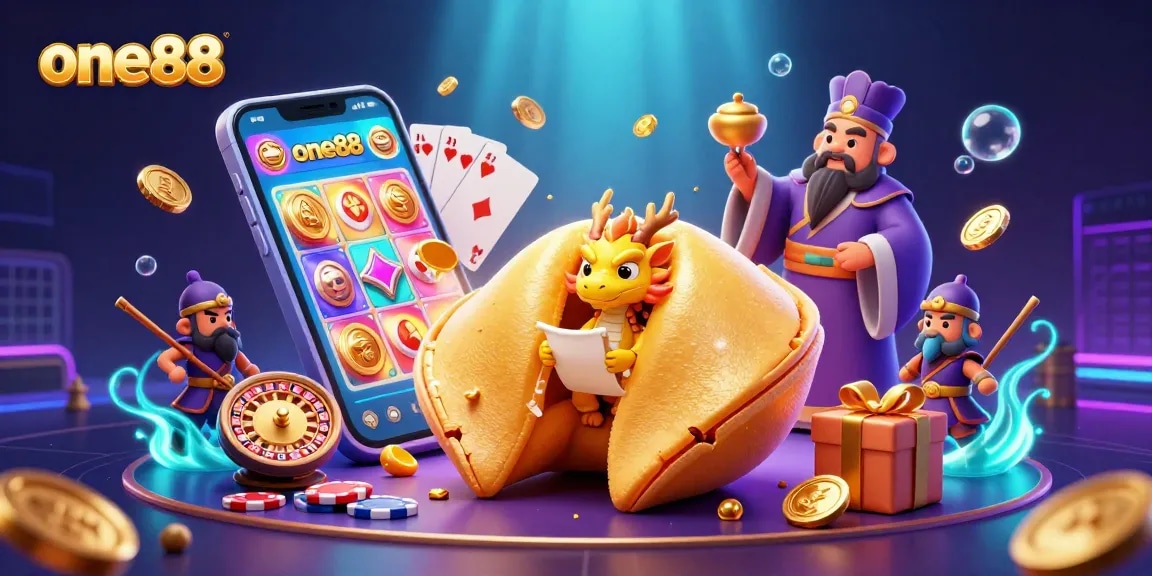 Experience the magic of one88 with a vibrant 3D illustration of a golden fortune cookie and casino elements.