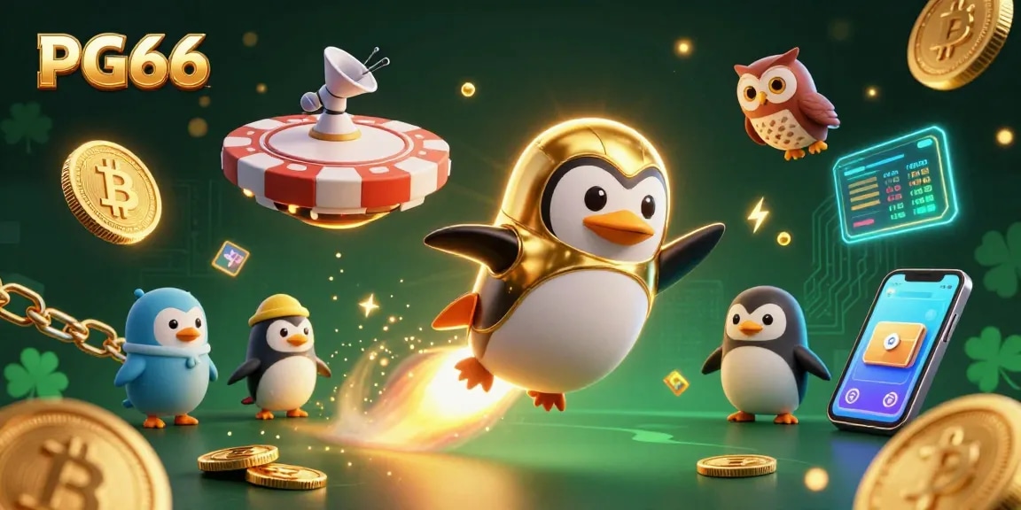 Experience thrilling gameplay with PG66 featuring a golden penguin amid vibrant casino elements
