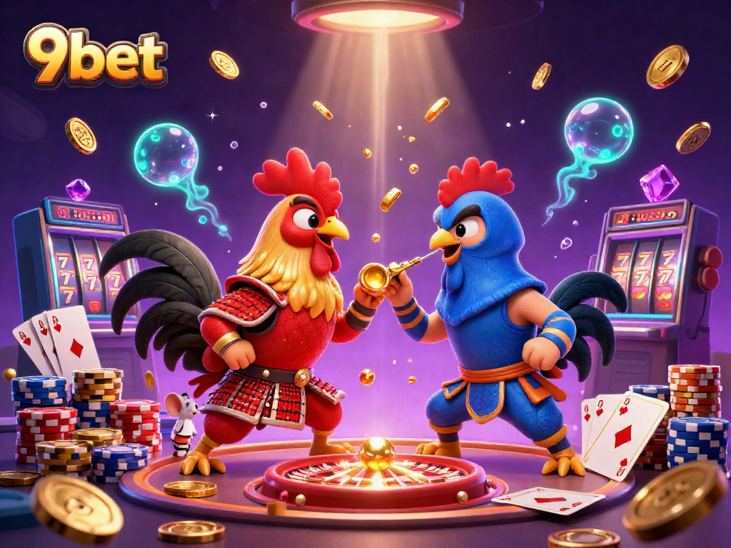 Experience the excitement of 9bet with a fierce showdown between cartoon roosters in a vibrant casino scene.