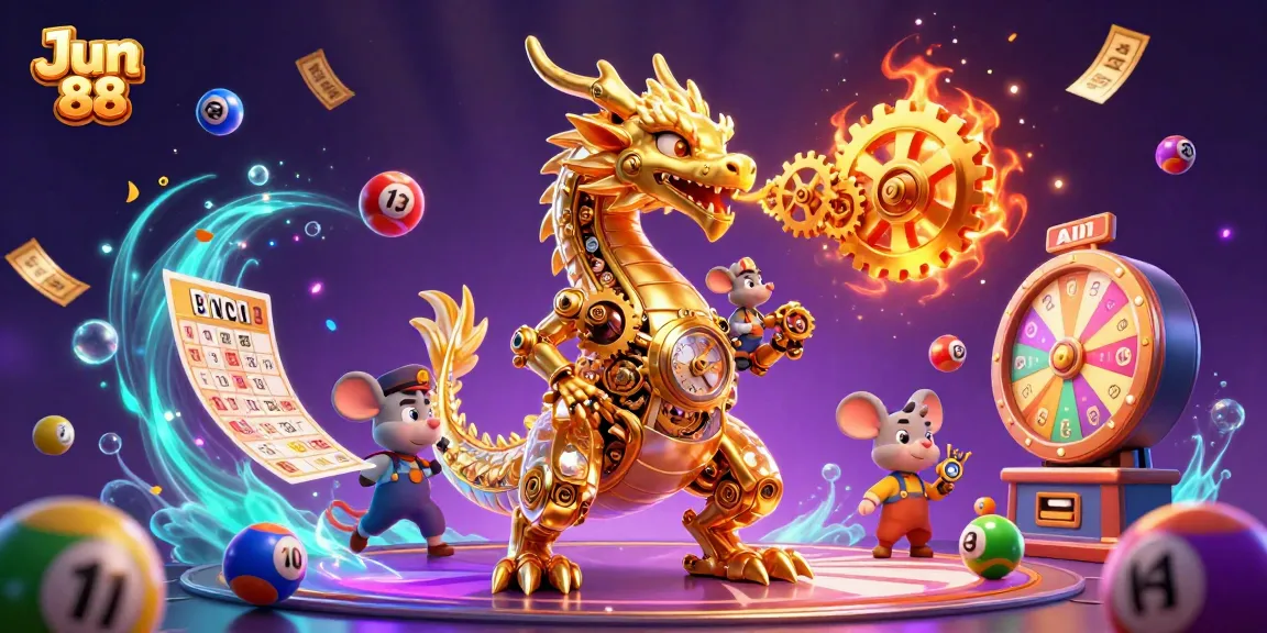 Experience excitement at Jun 88 with golden gears and dynamic lottery elements in thrilling illustration.