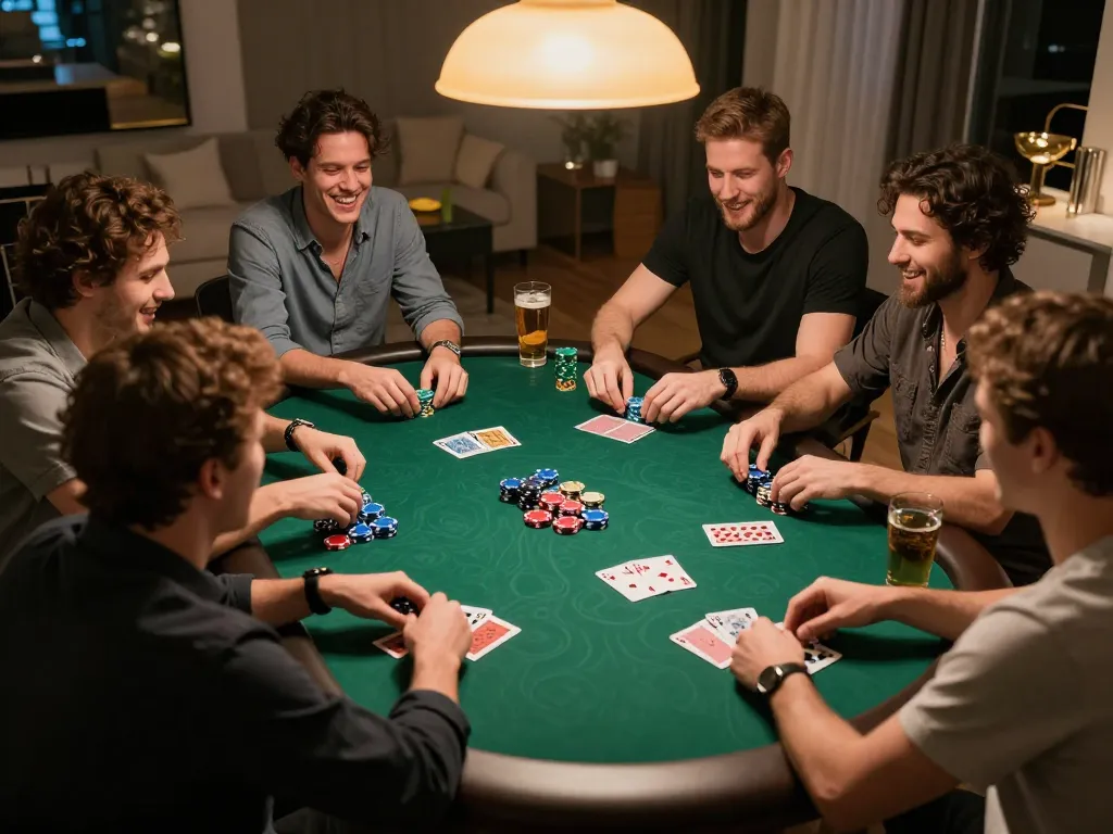 33CC players enjoy a lively poker night at home, showcasing chips and cards in hand.