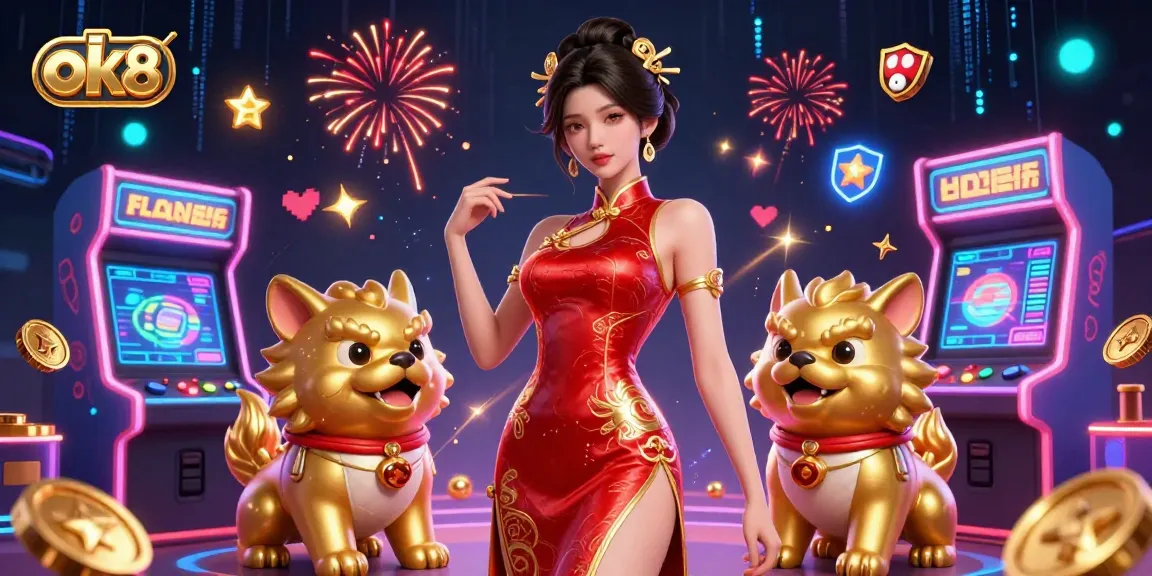 Play exciting games at OK8, featuring a stunning Asian woman in a cheongsam, with vibrant casino elements in the background.