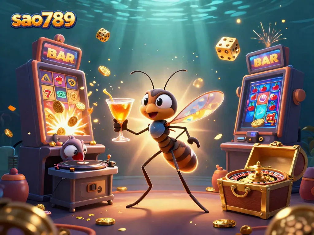 sao789's vibrant casino scene features a mosquito mascot and a trilobite DJ amidst jackpots and golden effects.