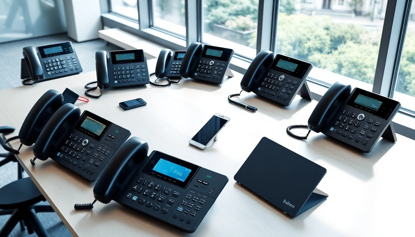 Showcase a professional business phone arrangement, highlighting modern devices and office setting.