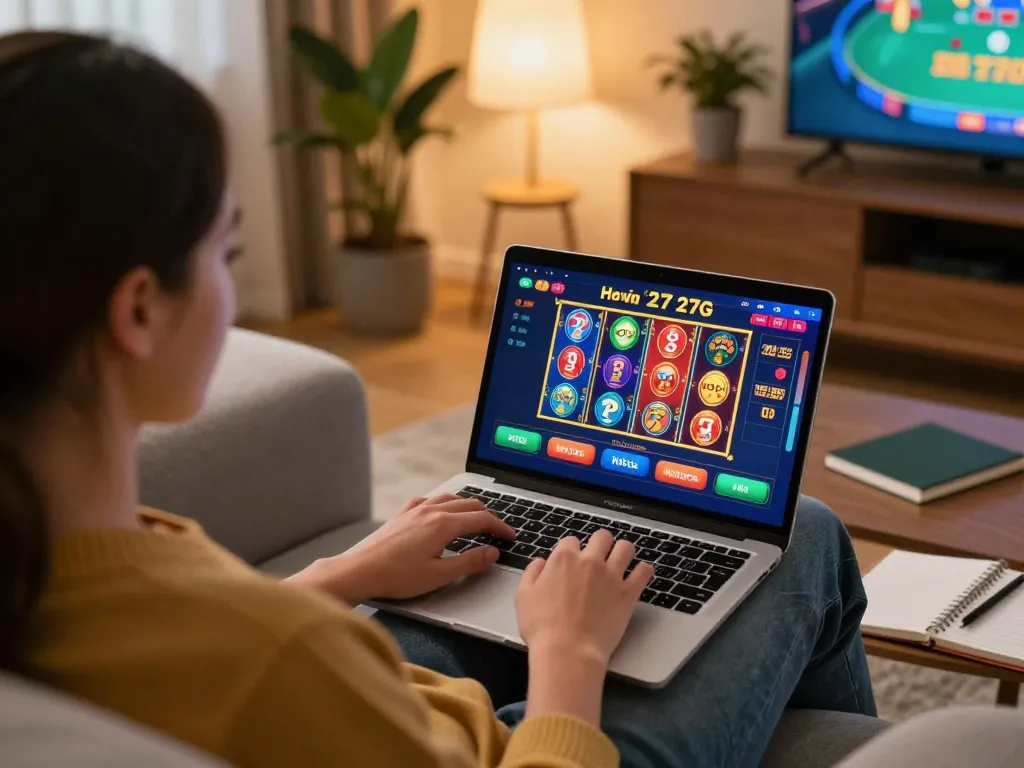 Engaging online gaming with 27G on a laptop in a cozy home setting, featuring vibrant casino interface