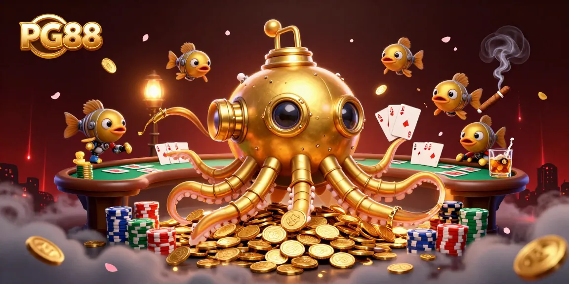 Experience thrilling gameplay at PG88 with a golden kraken submarine amidst casino elements.