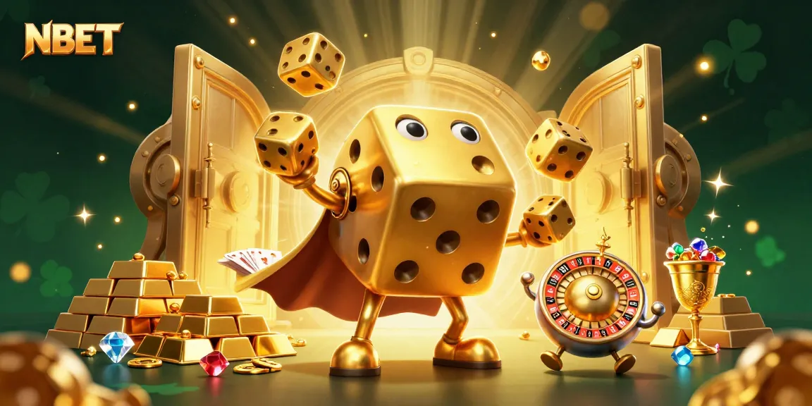Experience the thrill of NBET, featuring a golden dice golem and dynamic casino elements.