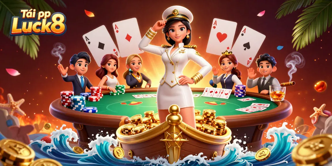 Tải app Luck8 to enjoy thrilling poker gameplay with immersive casino elements in a vibrant scene.