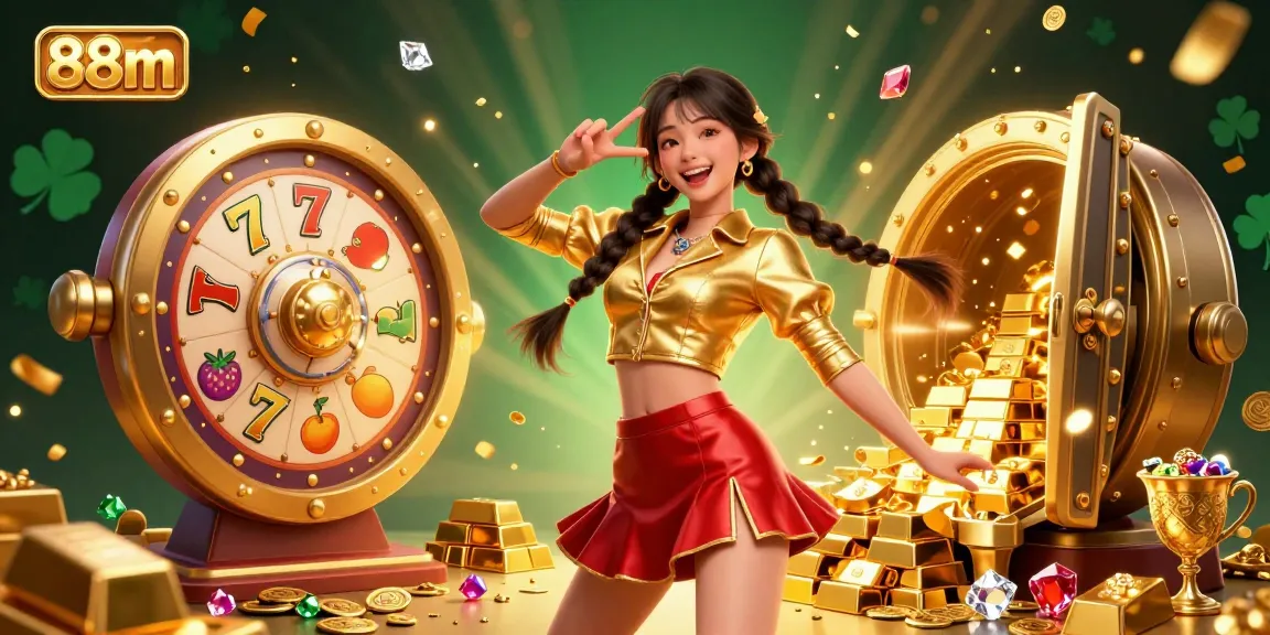 Engage with 88m's vibrant casino scene featuring a joyful woman and colorful slot game elements.