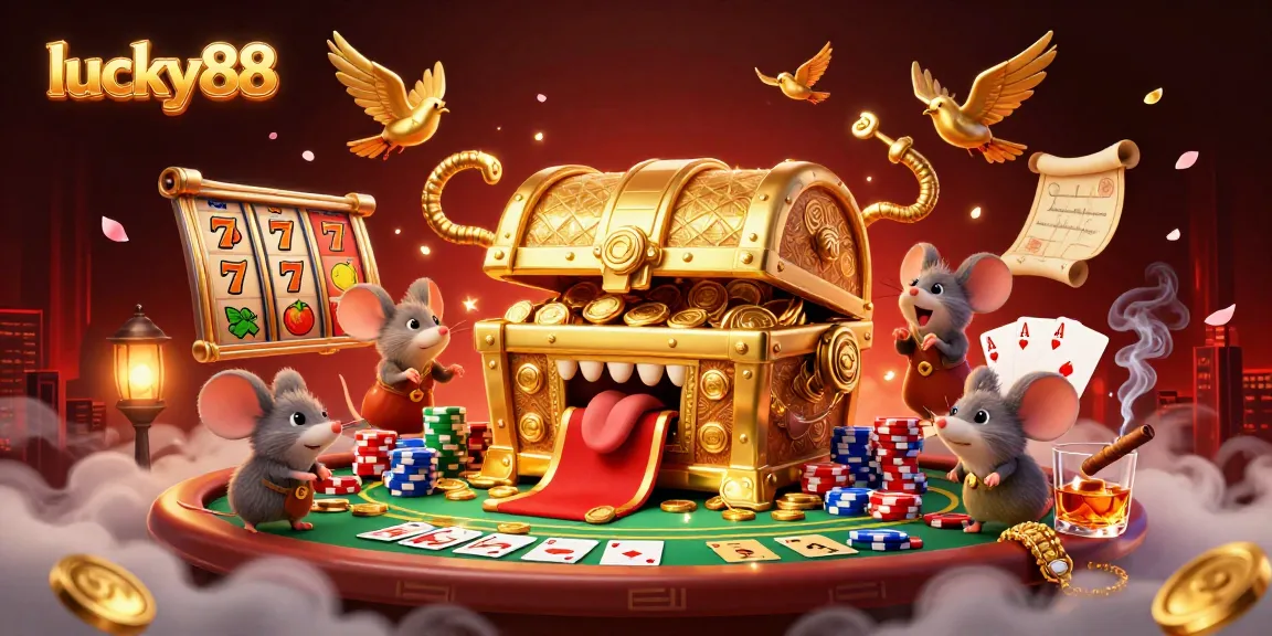 Engage with lucky88 slot excitement through a vibrant illustration featuring rich casino elements and dynamic characters.
