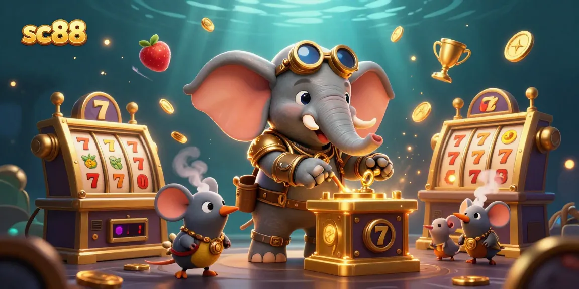 Engage with sc88 as the steampunk elephant engineer spins the golden slot machine in this vibrant casino scene.