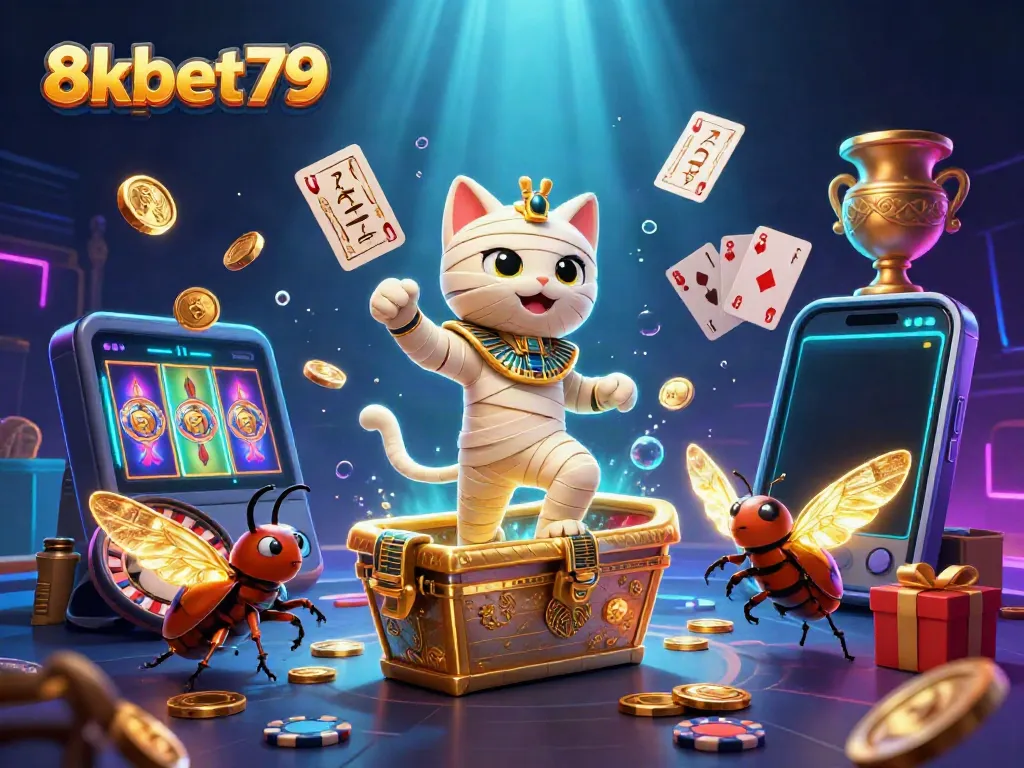 Experience the excitement of 8xbet79 with a vibrant 3D casino scene featuring a magical Egyptian mummy cat.