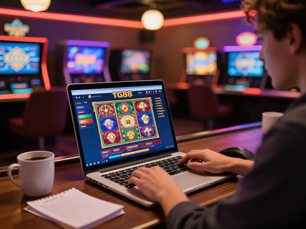 Engaging in an online gaming experience with TG88, showcasing vibrant slot graphics and strategic gameplay.