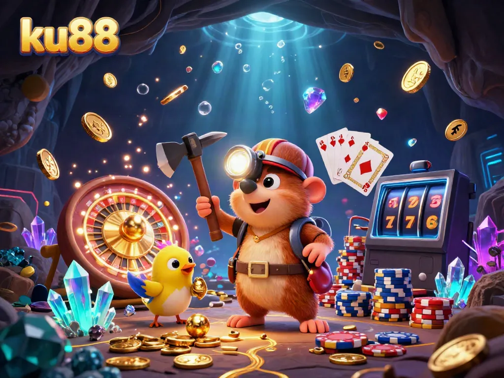 ku88 treasure hunter mole mining gems in a vibrant casino cave full of golden coins and sparkling elements