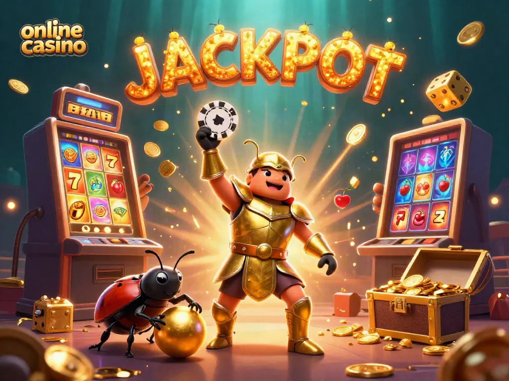 Experience the thrill of an online casino as a hercules beetle celebrates a jackpot amidst vibrant gaming elements.