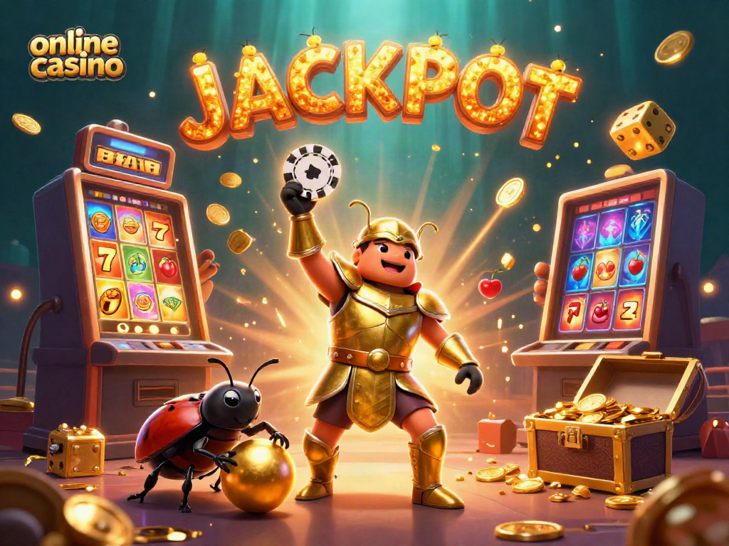 Experience the thrill of an online casino as a hercules beetle celebrates a jackpot amidst vibrant gaming elements.