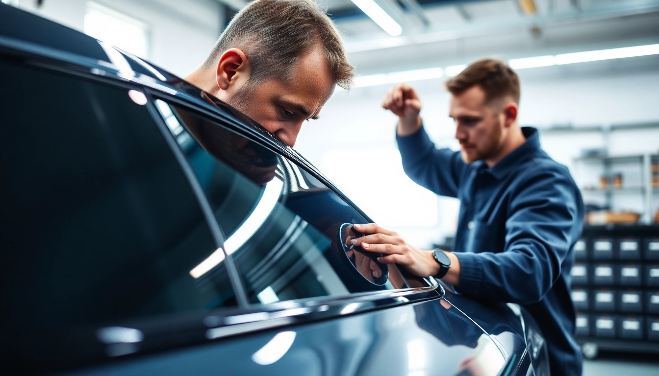 Enhance your vehicle's appearance with expert window tint near me by a professional technician in a modern setting.