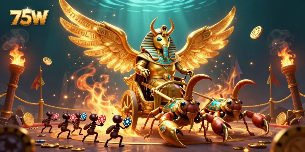 Engage with the vibrant gaming scene featuring the 75W pharaoh beetle in an energetic chariot.