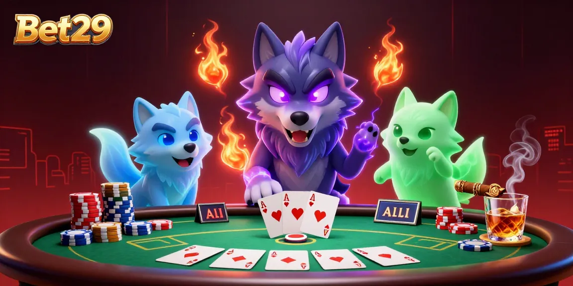 Experience thrilling gameplay at Bet29 with ghostly wolves, poker tables, and vibrant casino elements.