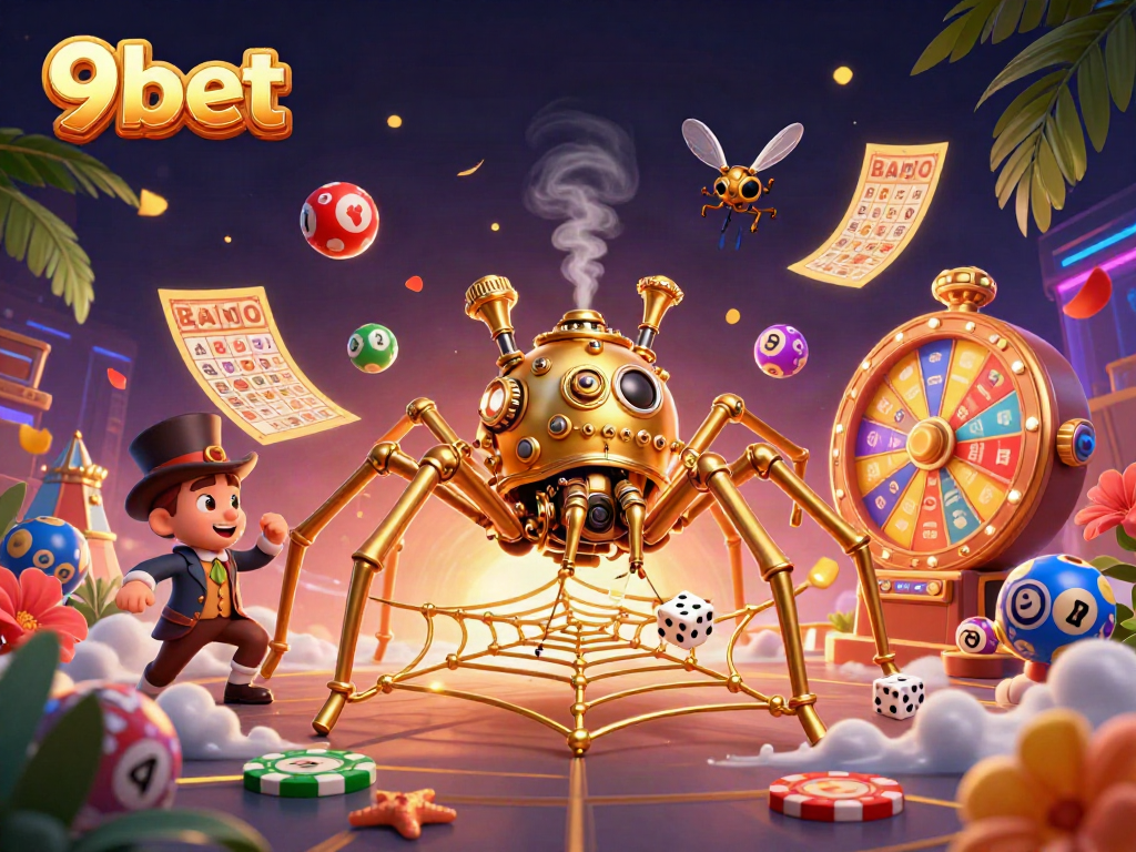 Experience thrilling gameplay at 9bet with a vibrant casino-themed scene featuring games and rewards.