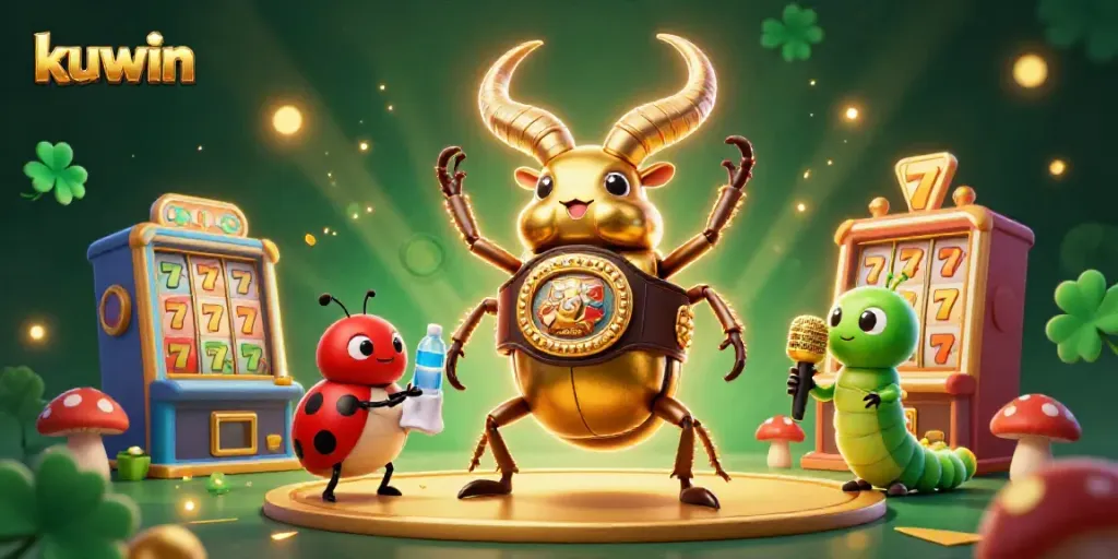 Kuwin-themed 3D illustration featuring a golden stag beetle challenging in a vibrant casino scene with slot machines.