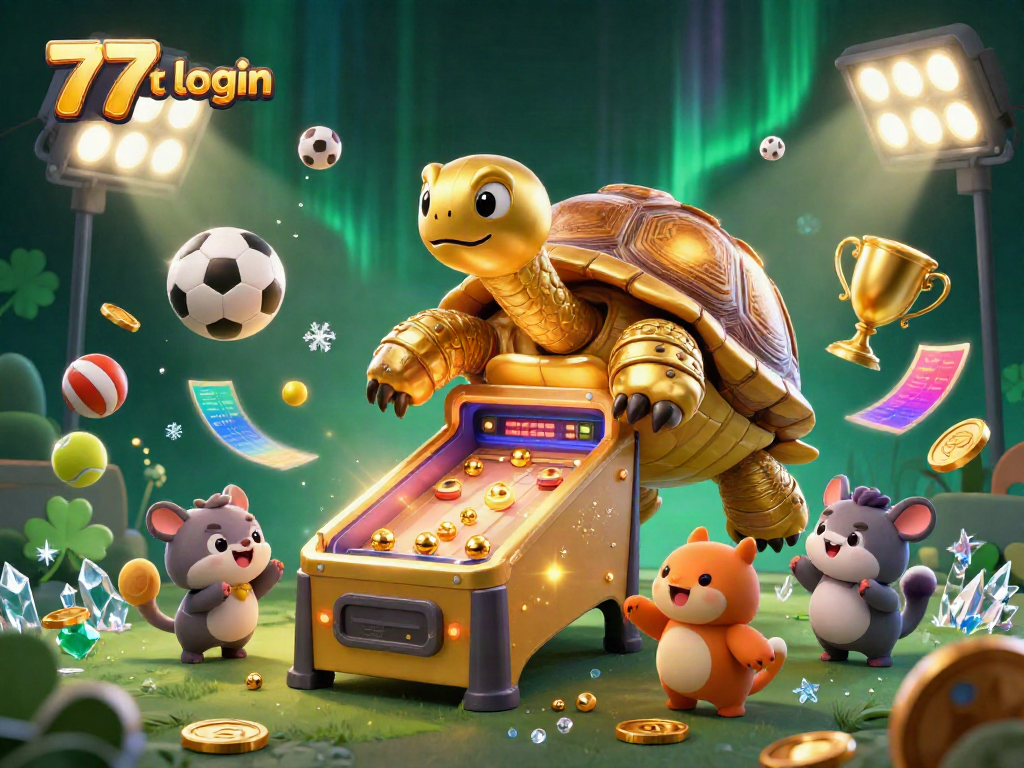 Experience the excitement of 77rt login with a vibrant scene of a colossal golden tortoise and playful animals.