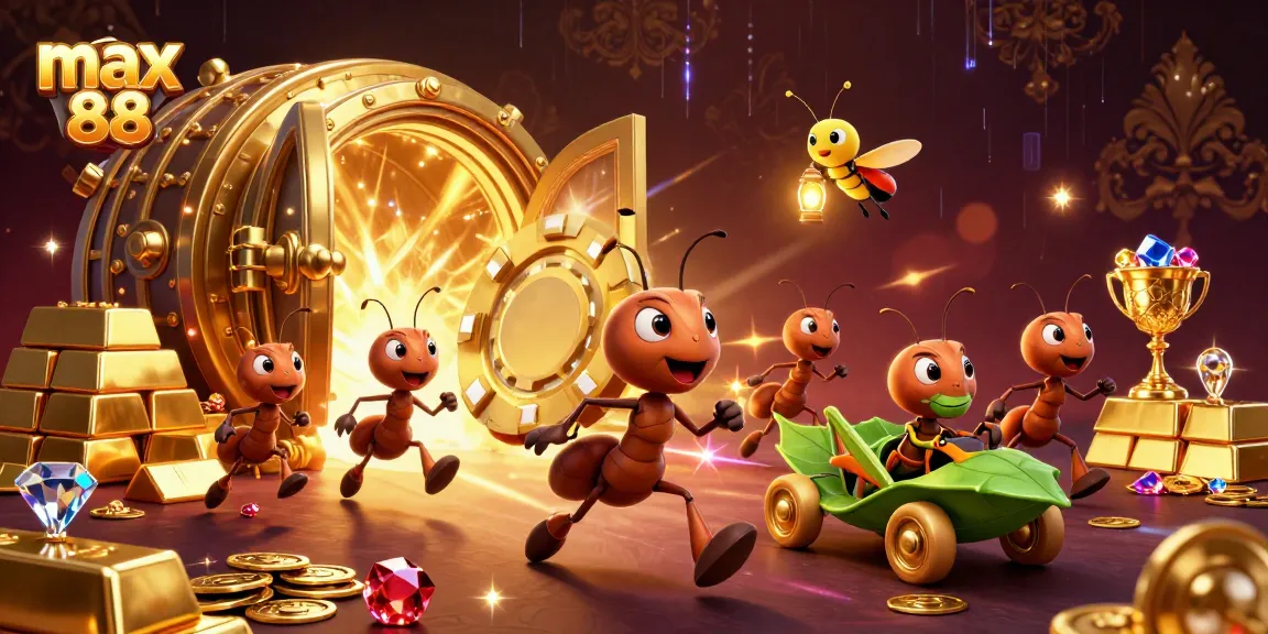 Engage with max 88 gaming excitement as ants carry a gigantic poker chip in a vibrant heist scene.