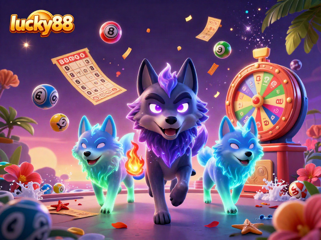 Join the excitement at lucky88 with a captivating 3D illustration of vibrant casino elements, including lottery balls and flaming spirits.