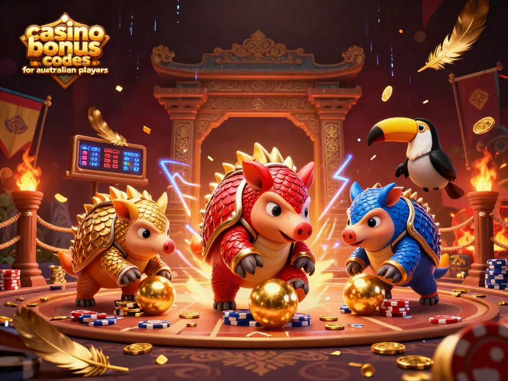 Engage with exclusive casino bonus codes for australian players as rival pangolins battle surrounded by vibrant gambling elements.