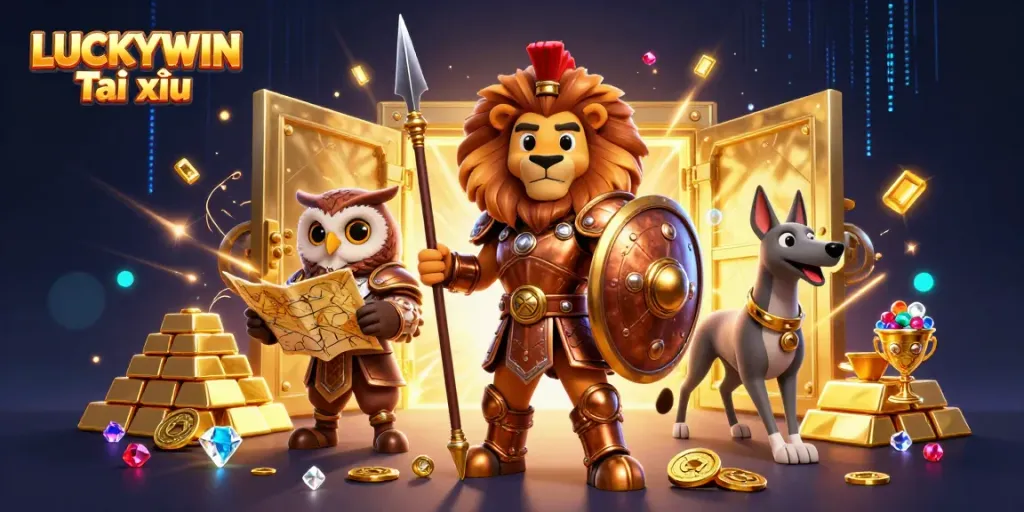 Engaging scene depicting LUCKYWIN Tài xỉu with a heroic lion, wise owl, and swift greyhound, vibrant with gold coins and gems.