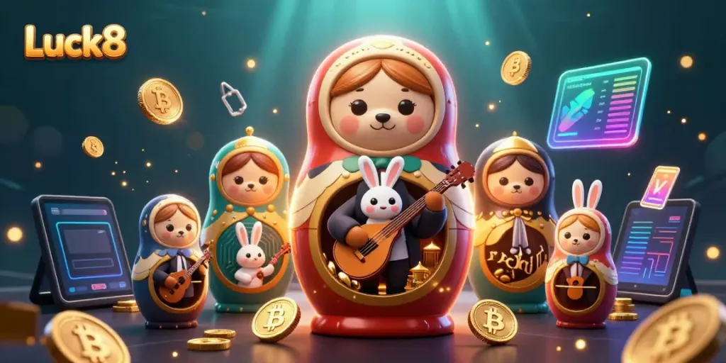 Luck8 showcases a vibrant 3D casino scene with a Matryoshka bear, neon coins, and energetic elements.