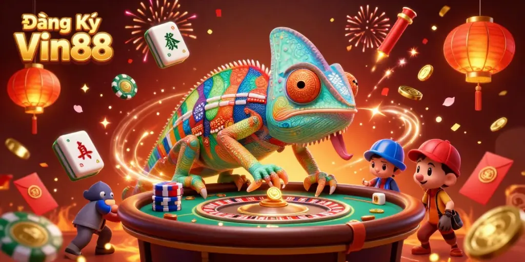 Experience the excitement at Đăng Ký Vin88 with the vibrant chameleon casino owner amidst casino festivities.
