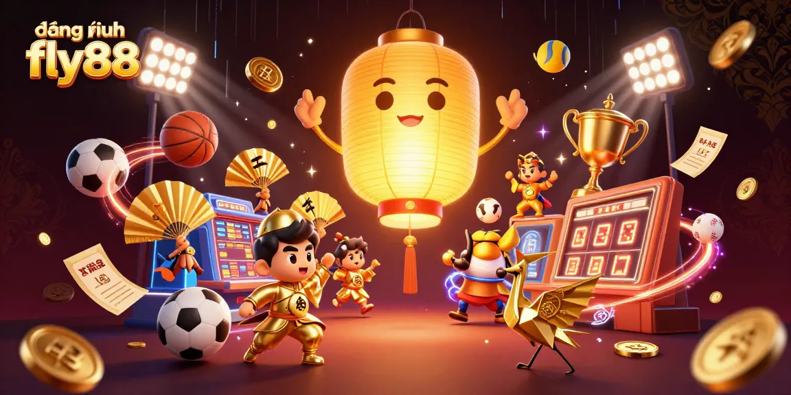 Engage in đăng nhập fly88 with vibrant casino energy featuring a golden lantern spirit, warriors, and dynamic sports elements.