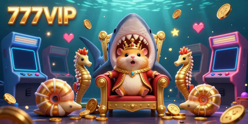Experience the excitement of 777VIP with a fierce hamster king amid vivid gaming elements and an underwater scene.