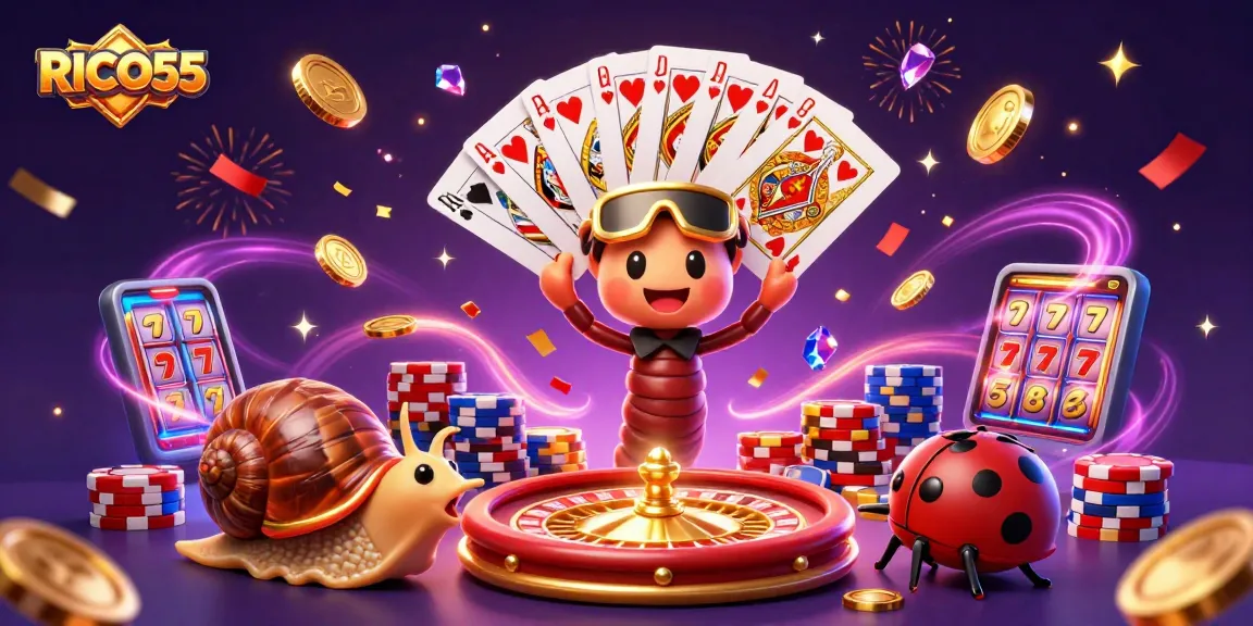 Experience thrilling wins at RICO55 with a 3D casino scene filled with vibrant games and characters.